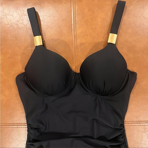 SPANX Black Let's Go Slimming Riveting Ruched One Piece Swimsuit Size 10 B/C - Picture 4 of 12